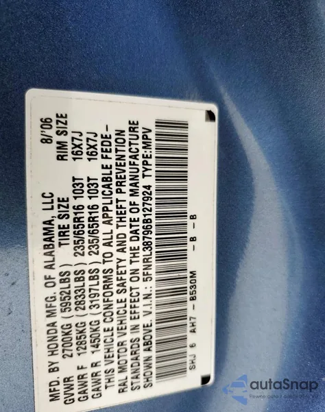 2006 Honda Odyssey Exl from USA, damaged, VIN 5FNRL38796B127924